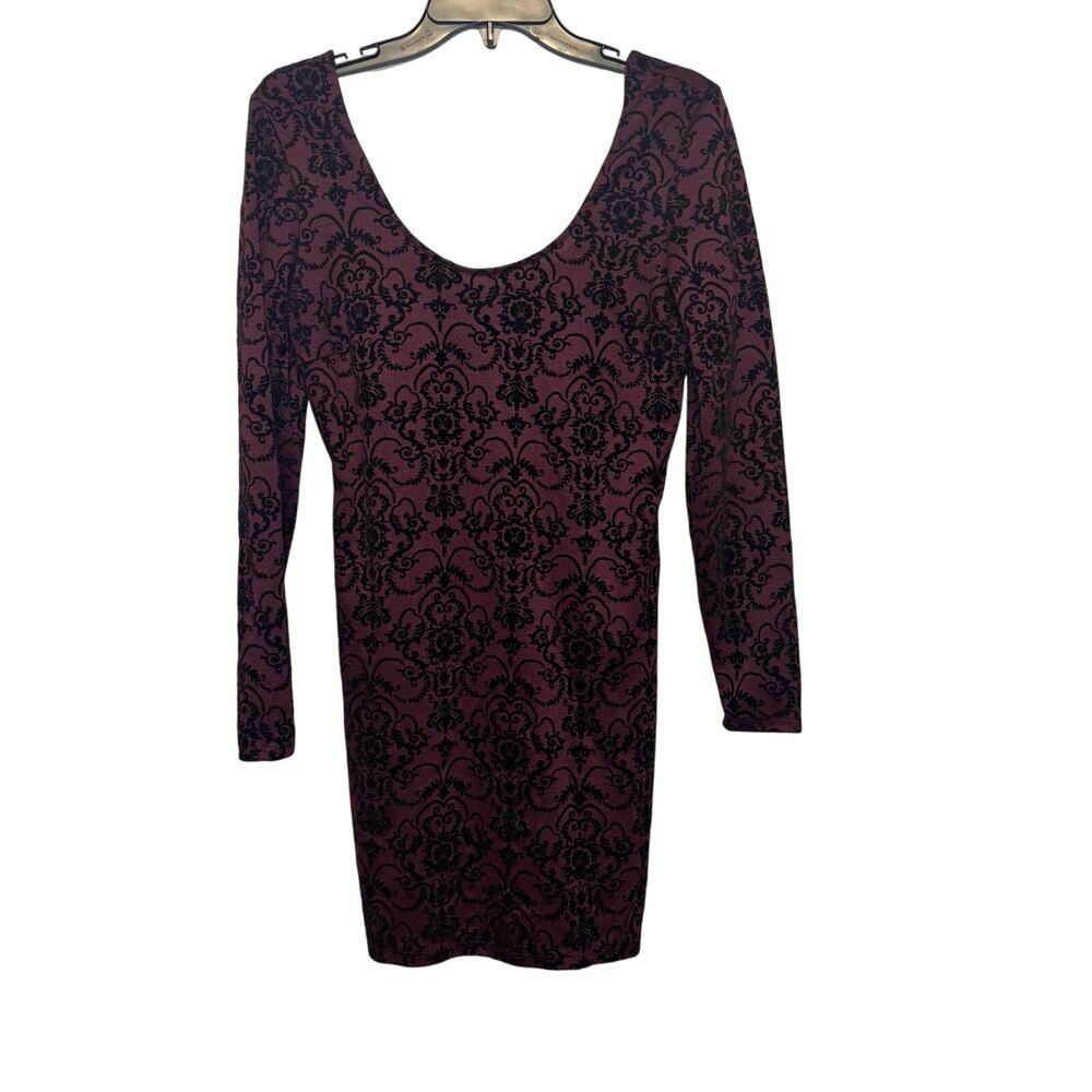 Charlotte Russe purple and black flocked velvet long-sleeve‎ dress. Size L